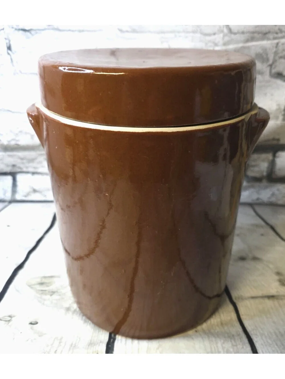 Vintage French Stoneware Crock with Lid: Brown Glazed Pot Jar stamped 5